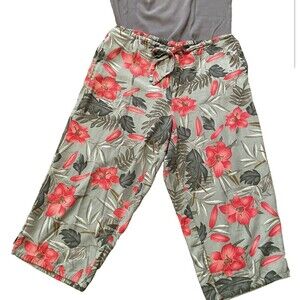 Island Traders Crop Capri Floral Hawaiian Jungle Women Pockets Elastic Waist XL